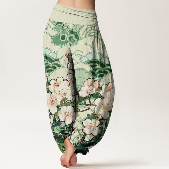 Buddha Stones Cherry Blossom Wave Pattern Women's Elastic Waist Harem Pants - image 6