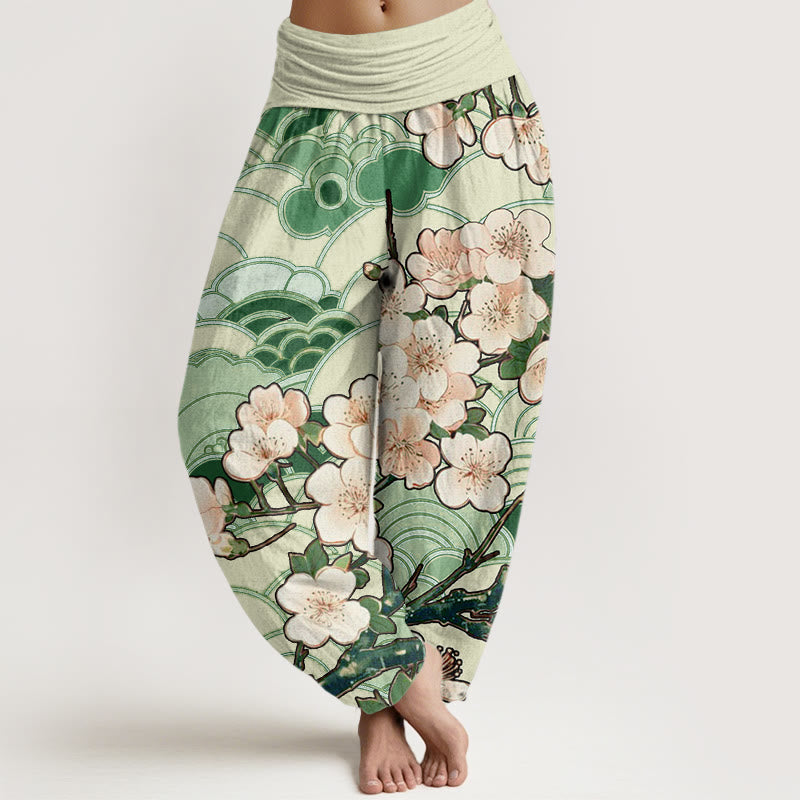 Buddha Stones Cherry Blossom Wave Pattern Women's Elastic Waist Harem Pants - ForestGreen - US22，UK/AU26，EU54 (6XL) - image 5