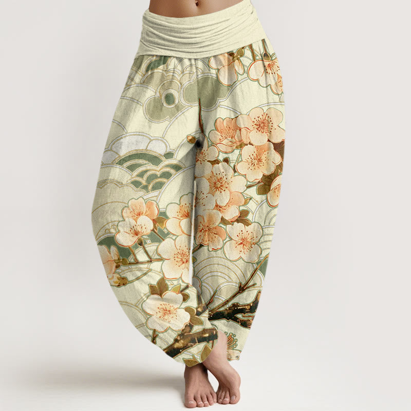 Buddha Stones Cherry Blossom Wave Pattern Women's Elastic Waist Harem Pants - OliveDrab - US22，UK/AU26，EU54 (6XL) - image 8