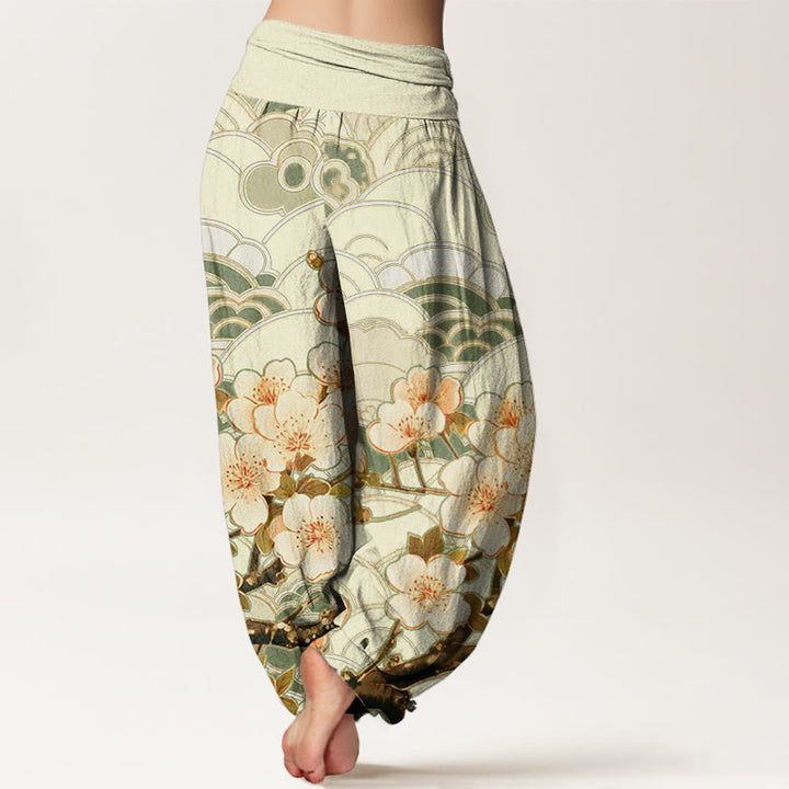 Buddha Stones Cherry Blossom Wave Pattern Women's Elastic Waist Harem Pants - image 9