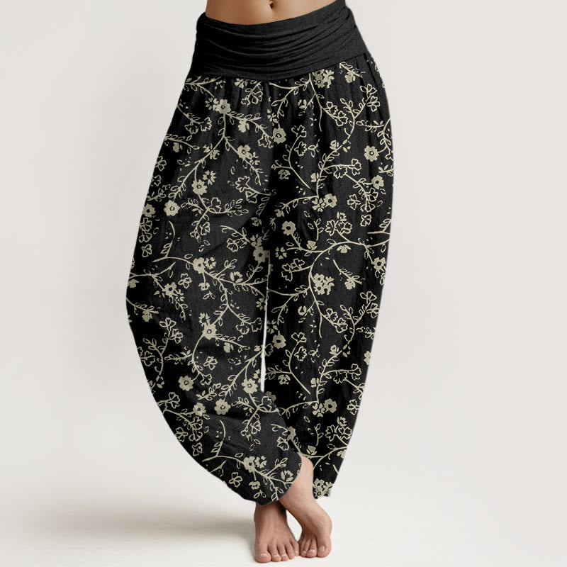Buddha Stones Flower Branch Pattern Simple Design Women's Elastic Waist Harem Pants - Black - US22，UK/AU26，EU54 (6XL) - image 5