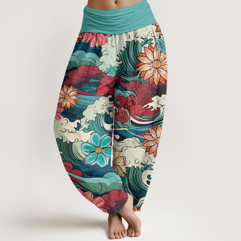 Buddha Stones Colorful Ocean Wave Various Flower Pattern Women's Elastic Waist Harem Pants - MediumTurquoise - US22，UK/AU26，EU54 (6XL) - image 1