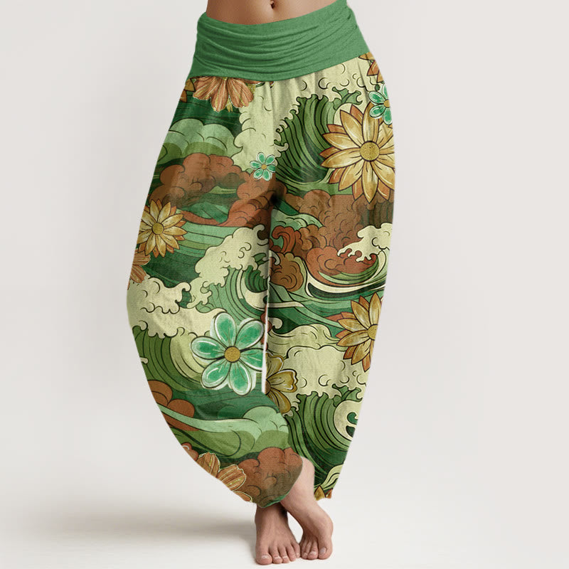 Buddha Stones Colorful Ocean Wave Various Flower Pattern Women's Elastic Waist Harem Pants - Green - US22，UK/AU26，EU54 (6XL) - image 5