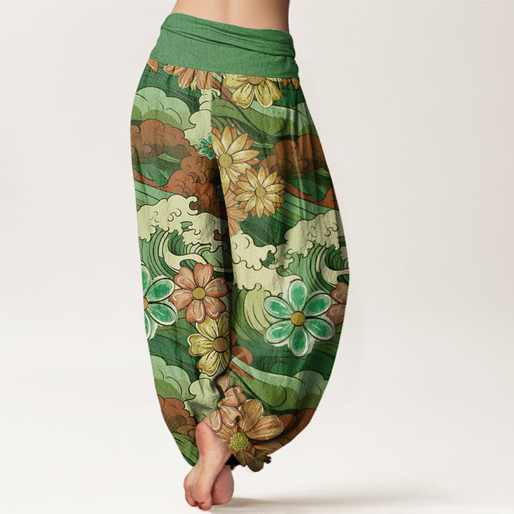 Buddha Stones Cotton Colorful Ocean Wave Various Flower Pattern Women's Elastic Waist Harem Pants - image 5