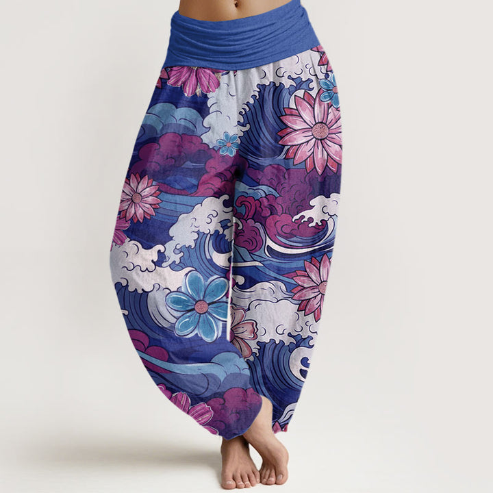 Buddha Stones Colorful Ocean Wave Various Flower Pattern Women's Elastic Waist Harem Pants - SlateBlue - US22，UK/AU26，EU54 (6XL) - image 8