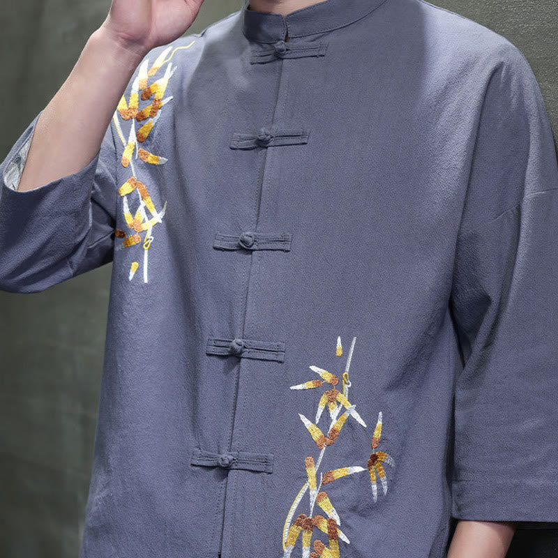 Buddha Stones Embroidery Men's  Chinese Frog-Button Three Quarter Sleeve Shirt Clothing - image 22