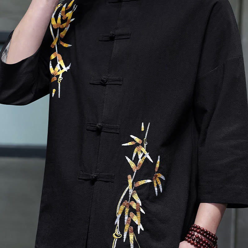 Buddha Stones Embroidery Men's  Chinese Frog-Button Three Quarter Sleeve Shirt Clothing - image 5