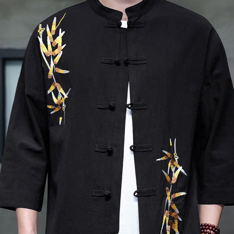 Buddha Stones Embroidery Men's  Chinese Frog-Button Three Quarter Sleeve Shirt Clothing - image 2