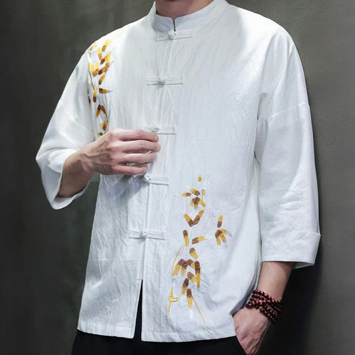Buddha Stones Embroidery Men's  Chinese Frog-Button Three Quarter Sleeve Shirt Clothing - image 8