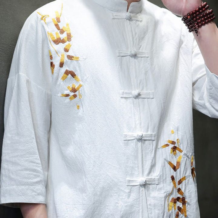 Buddha Stones Embroidery Men's  Chinese Frog-Button Three Quarter Sleeve Shirt Clothing - image 12