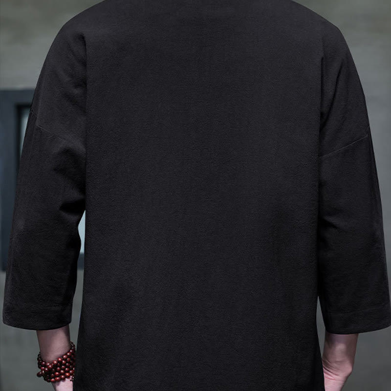 Buddha Stones Embroidery Men's  Chinese Frog-Button Three Quarter Sleeve Shirt Clothing - image 3