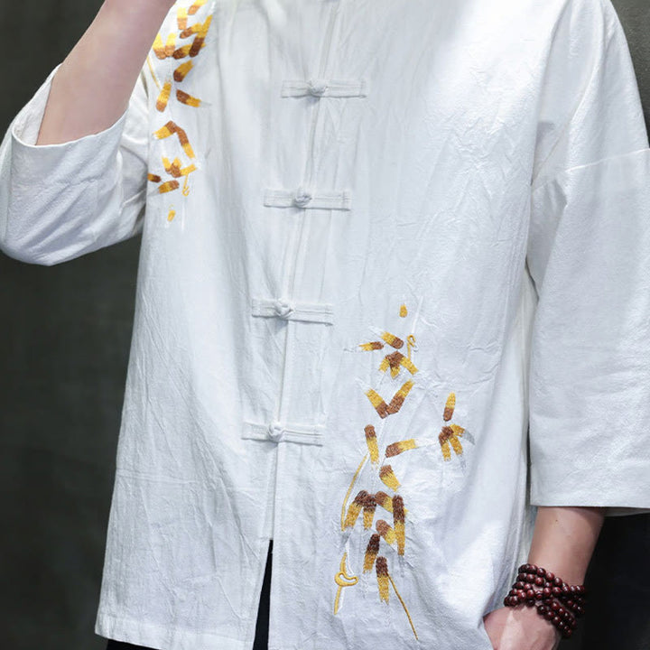 Buddha Stones Embroidery Men's  Chinese Frog-Button Three Quarter Sleeve Shirt Clothing - image 14