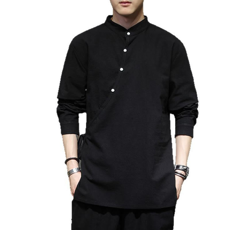 Buddha Stones Plain Lace-Up Simple Button Design Men's Long Sleeve Cotton Linen Shirt Clothing - image 12
