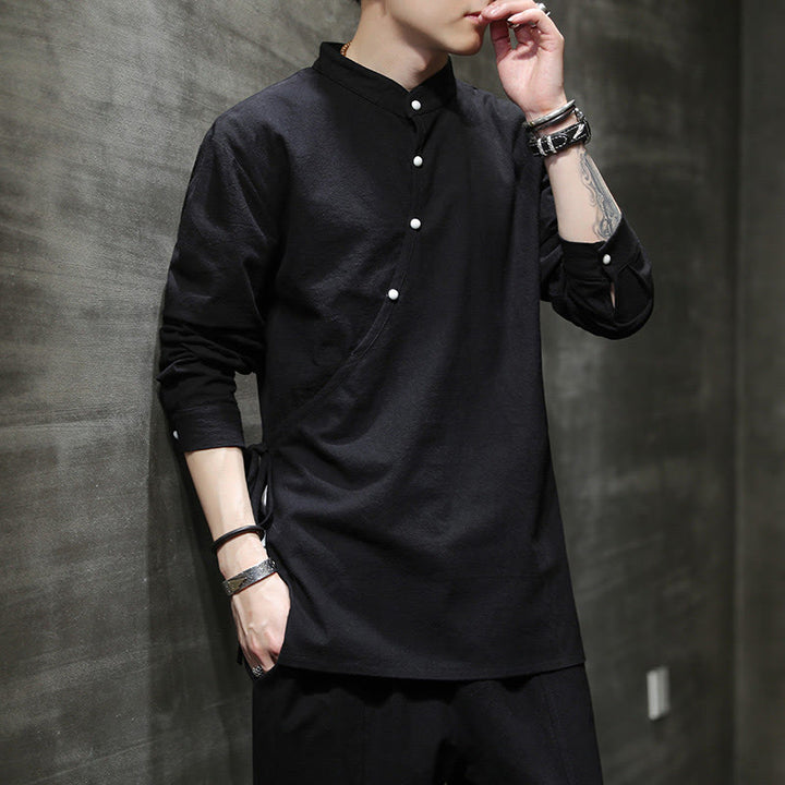 Buddha Stones Plain Lace-Up Simple Button Design Men's Long Sleeve Cotton Linen Shirt Clothing - image 2