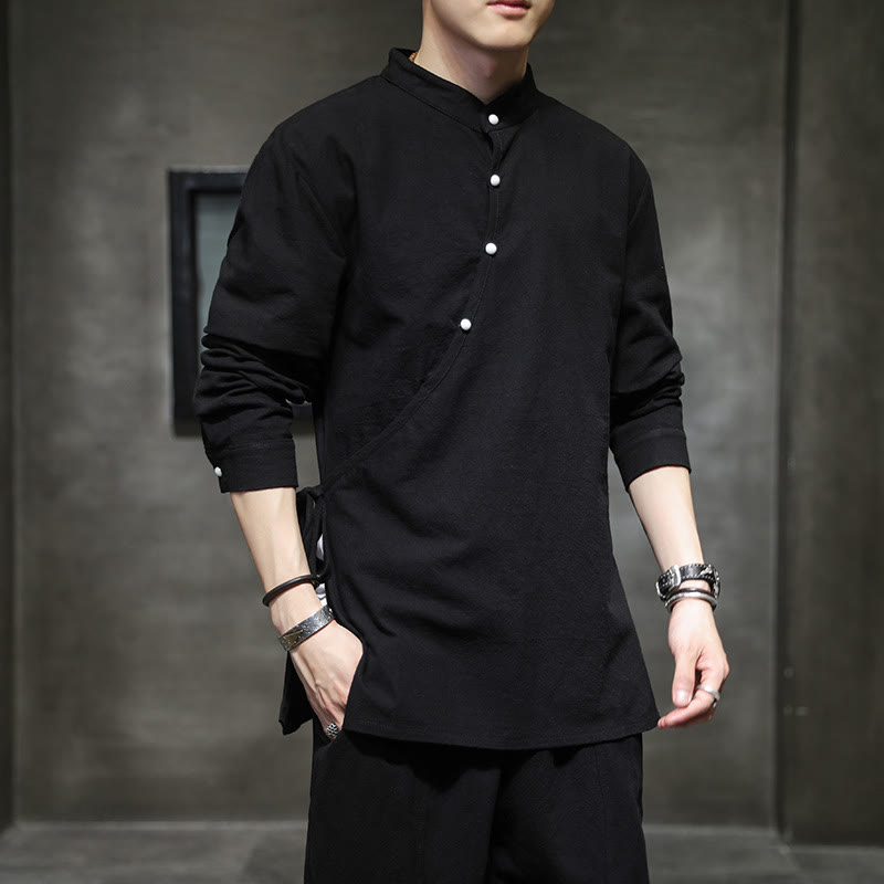 Buddha Stones Plain Lace-Up Simple Button Design Men's Long Sleeve Cotton Linen Shirt Clothing - image 7