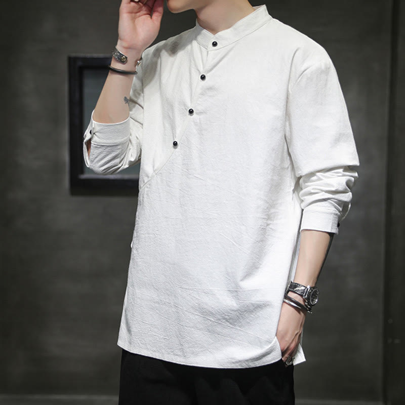 Buddha Stones Plain Lace-Up Simple Button Design Men's Long Sleeve Cotton Linen Shirt Clothing - image 16