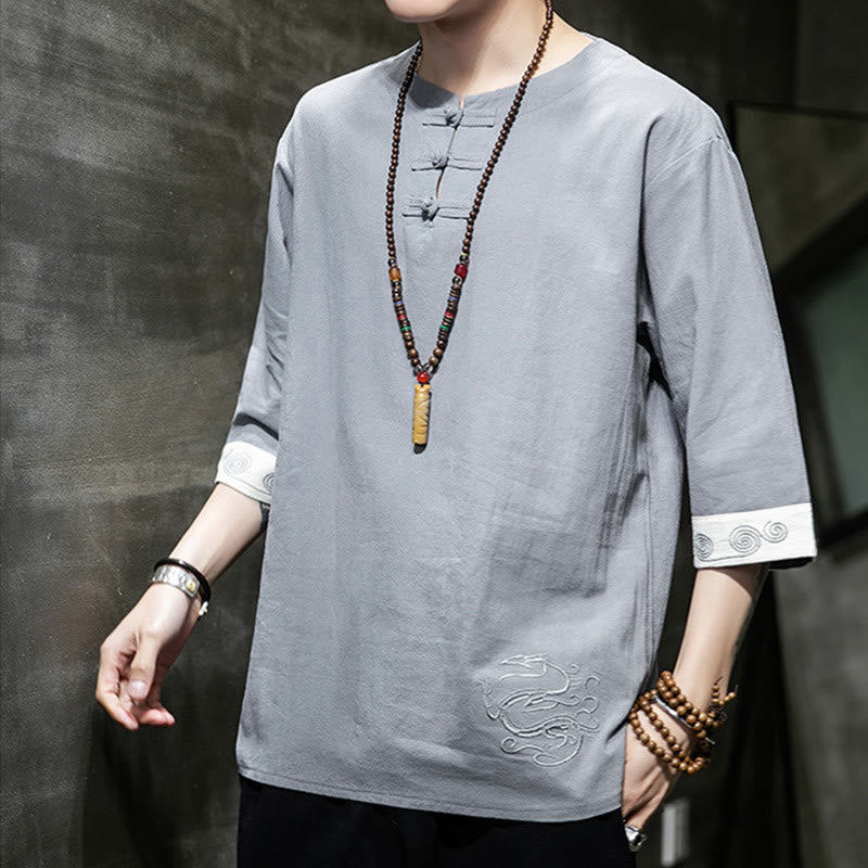 Buddha Stones Summer Embroidery Plain Frog-Button Men's Crew Neck Half Sleeve Cotton Linen Shirt Clothing - image 8