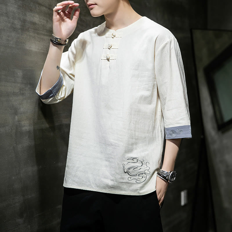 Buddha Stones Summer Embroidery Plain Frog-Button Men's Crew Neck Half Sleeve Cotton Linen Shirt Clothing - image 11