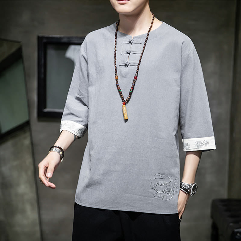 Buddha Stones Summer Embroidery Plain Frog-Button Men's Crew Neck Half Sleeve Cotton Linen Shirt Clothing - image 2