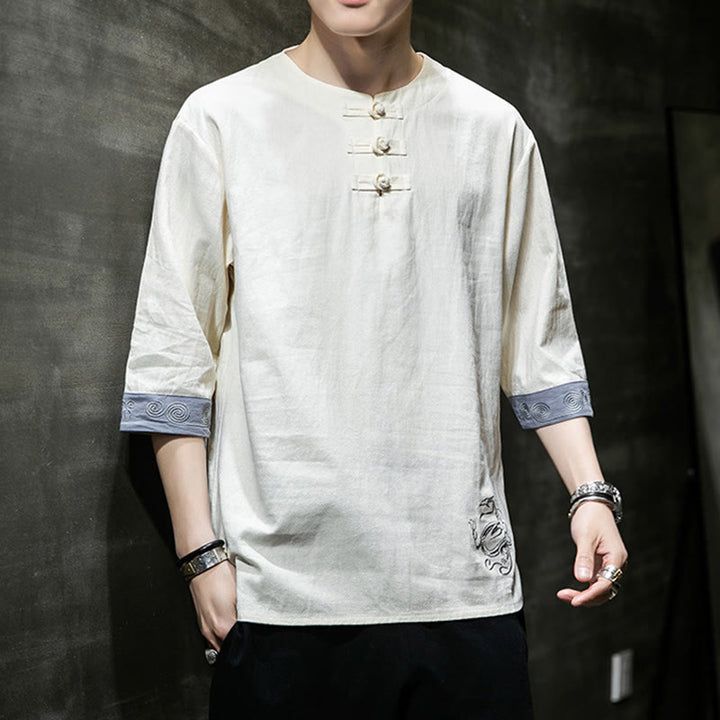 Buddha Stones Summer Embroidery Plain Frog-Button Men's Crew Neck Half Sleeve Cotton Linen Shirt Clothing - image 12