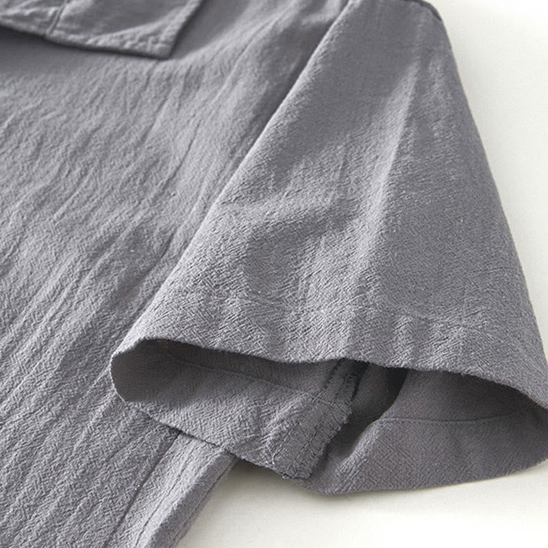 Buddha Stones Vintage Plain Simple Design Men's Short Sleeve Cotton Linen Shirt Clothing With Pockets - image 3