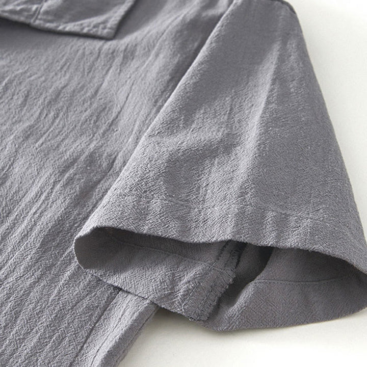 Buddha Stones Vintage Plain Simple Design Men's Short Sleeve Cotton Linen Shirt Clothing With Pockets - image 3