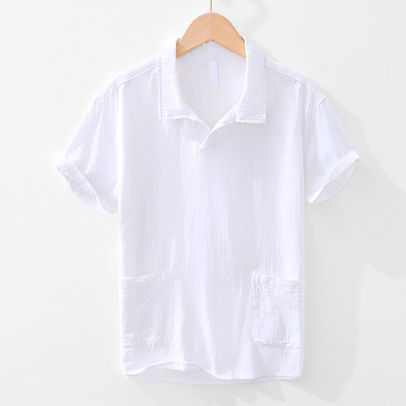 Buddha Stones Vintage Plain Simple Design Men's Short Sleeve Cotton Linen Shirt Clothing With Pockets - White - US/UK/AU42，EU52 (3XL) - image 13