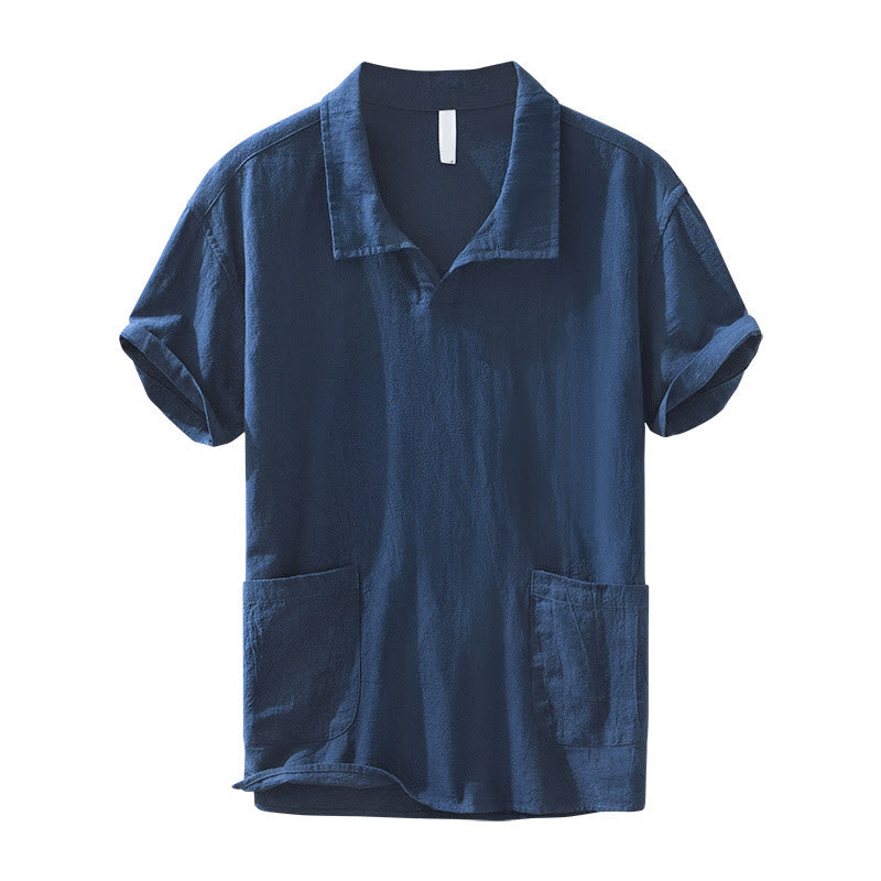Buddha Stones Vintage Plain Simple Design Men's Short Sleeve Cotton Linen Shirt Clothing With Pockets - image 12