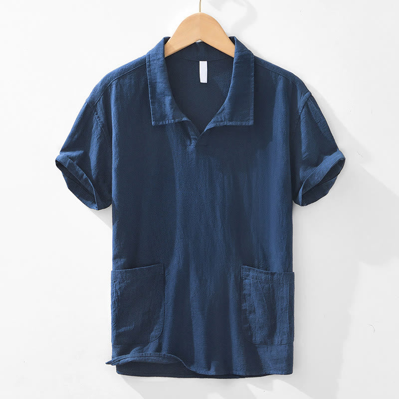 Buddha Stones Vintage Plain Simple Design Men's Short Sleeve Cotton Linen Shirt Clothing With Pockets - MidnightBlue - US/UK/AU42，EU52 (3XL) - image 6