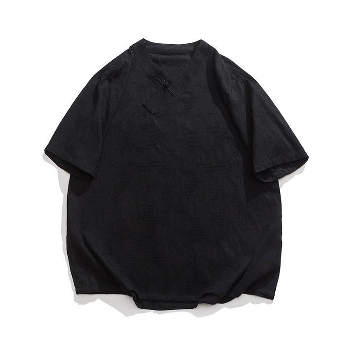 Buddha Stones Ethnic Distressed Jacquard Frog-Button Men's Stand Collar Half Sleeve Cotton Linen Shirt Tai Chi Clothes - Black - US/UK/AU46，EU56 (5XL) - image 12