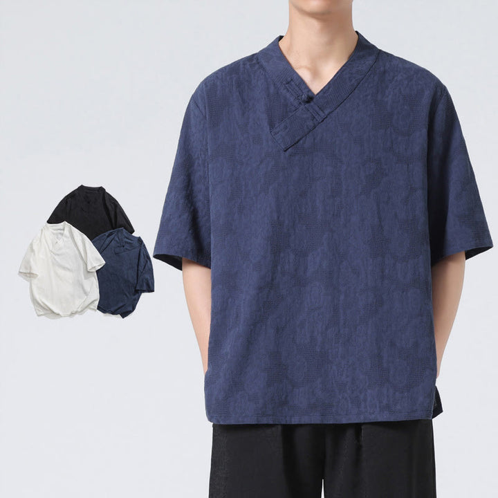 Buddha Stones Ethnic Distressed Jacquard Frog-Button Men's Stand Collar Half Sleeve Cotton Linen Shirt Tai Chi Clothes - image 2