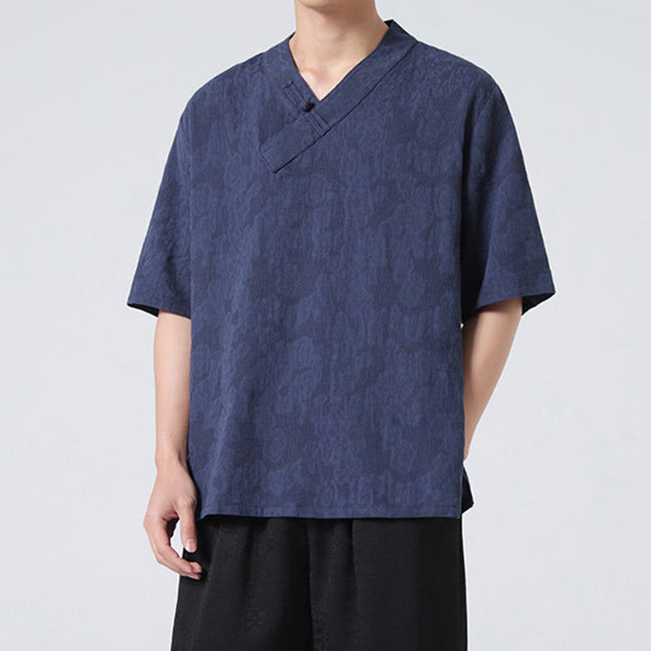 Buddha Stones Ethnic Distressed Jacquard Frog-Button Men's Stand Collar Half Sleeve Cotton Linen Shirt Tai Chi Clothes - image 5