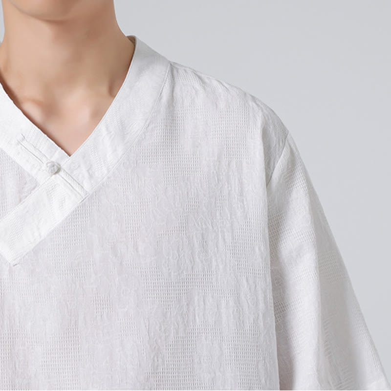 Buddha Stones Ethnic Distressed Jacquard Frog-Button Men's Stand Collar Half Sleeve Cotton Linen Shirt Tai Chi Clothes - image 32