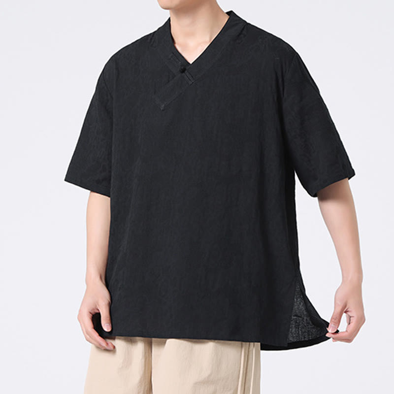 Buddha Stones Ethnic Distressed Jacquard Frog-Button Men's Stand Collar Half Sleeve Cotton Linen Shirt Tai Chi Clothes - image 18