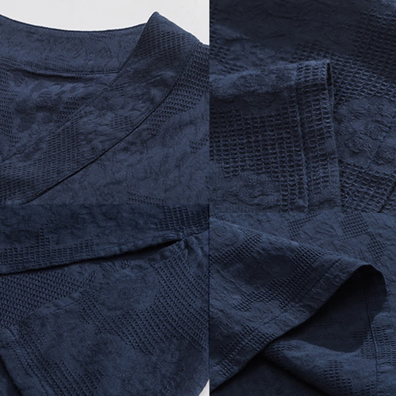 Buddha Stones Ethnic Distressed Jacquard Frog-Button Men's Stand Collar Half Sleeve Cotton Linen Shirt Tai Chi Clothes - image 11