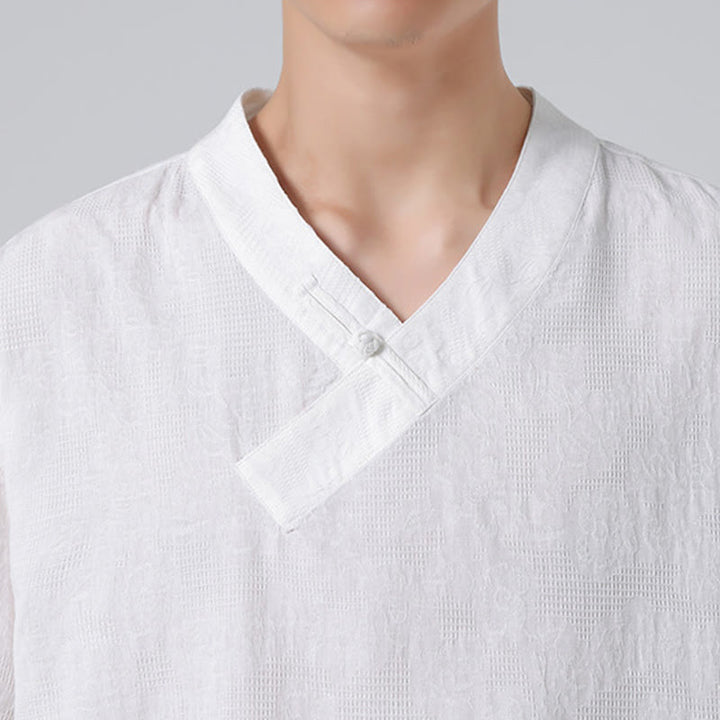Buddha Stones Ethnic Distressed Jacquard Frog-Button Men's Stand Collar Half Sleeve Cotton Linen Shirt Tai Chi Clothes - image 31