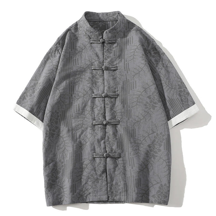 Buddha Stones Casual Summer Jacquard Floral Pattern Frog-Button Men's Stand Collar Contrasting Color Half Sleeve Cotton Shirt - DarkGray - US/UK/AU46，EU56 (5XL) - image 5