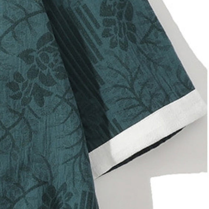 Buddha Stones Casual Summer Jacquard Floral Pattern Frog-Button Men's Stand Collar Contrasting Color Half Sleeve Cotton Cardigan Shirt - image 4