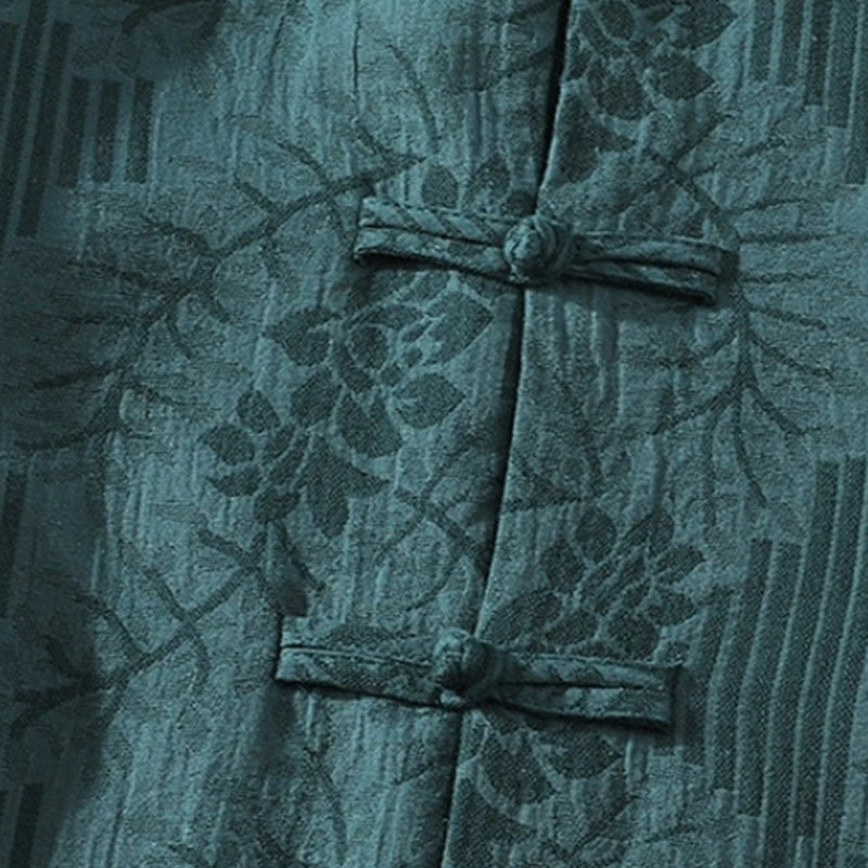 Buddha Stones Casual Summer Jacquard Floral Pattern Frog-Button Men's Stand Collar Contrasting Color Half Sleeve Cotton Cardigan Shirt - image 2