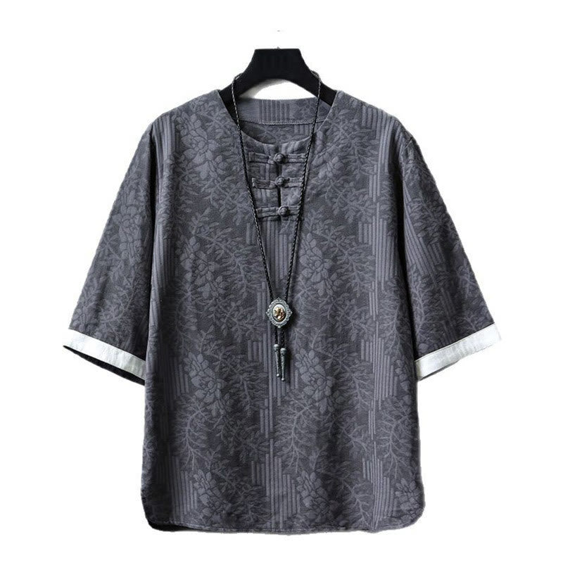 Buddha Stones Casual Retro Jacquard Chinese Frog-Button Design Men's Crew Neck Half Sleeve Cotton Shirt - image 1