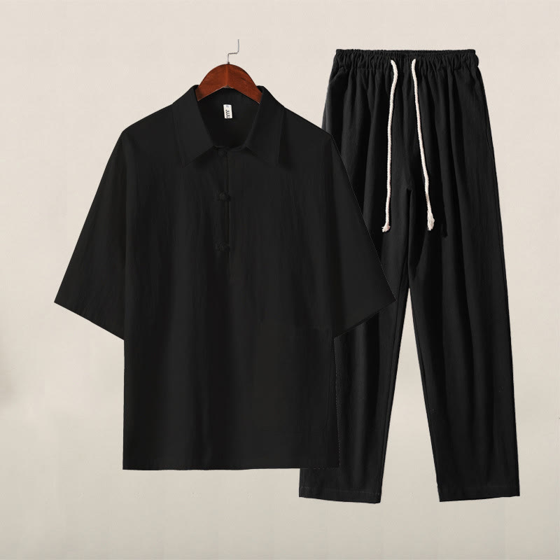 Buddha Stones Casual 2Pcs Pure Color Half Button Design Shirt Drawstring Pants Men's Cotton Linen Meditation Cloth Set With Pockets