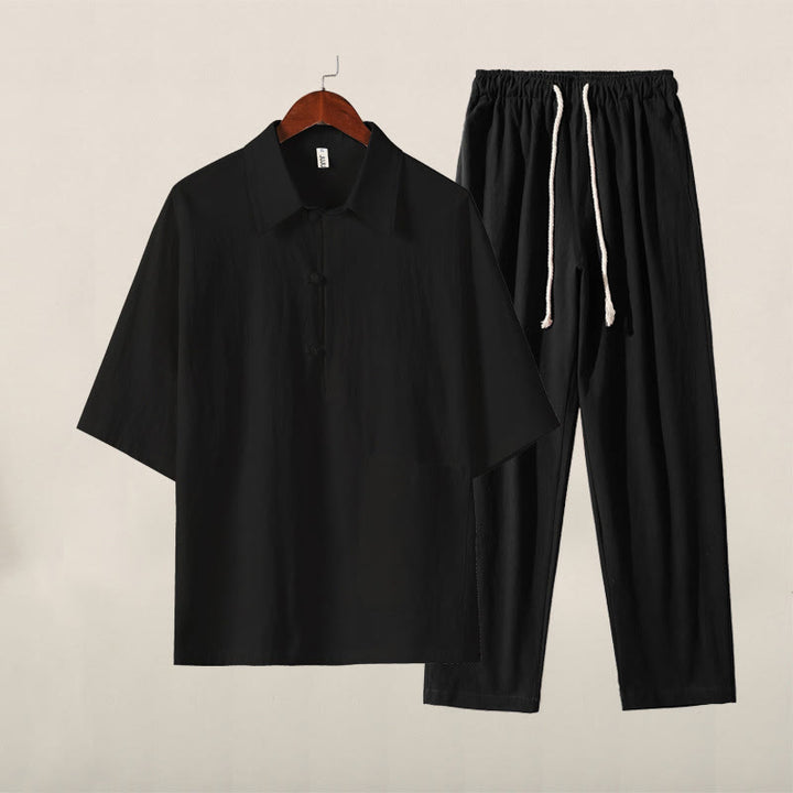 Buddha Stones Casual 2Pcs Pure Color Half Button Design Shirt Drawstring Pants Men's Cotton Linen Meditation Cloth Set With Pockets