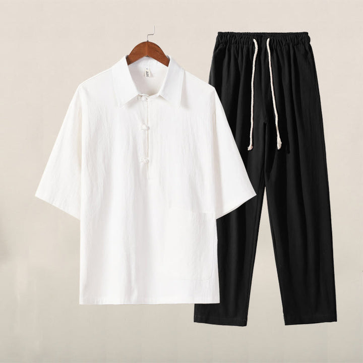 Buddha Stones Casual 2Pcs Pure Color Half Button Design Shirt Drawstring Pants Men's Cotton Meditation Cloth Set With Pockets - White Top Black Pants - US/UK/AU46，EU56 (5XL) - image 0