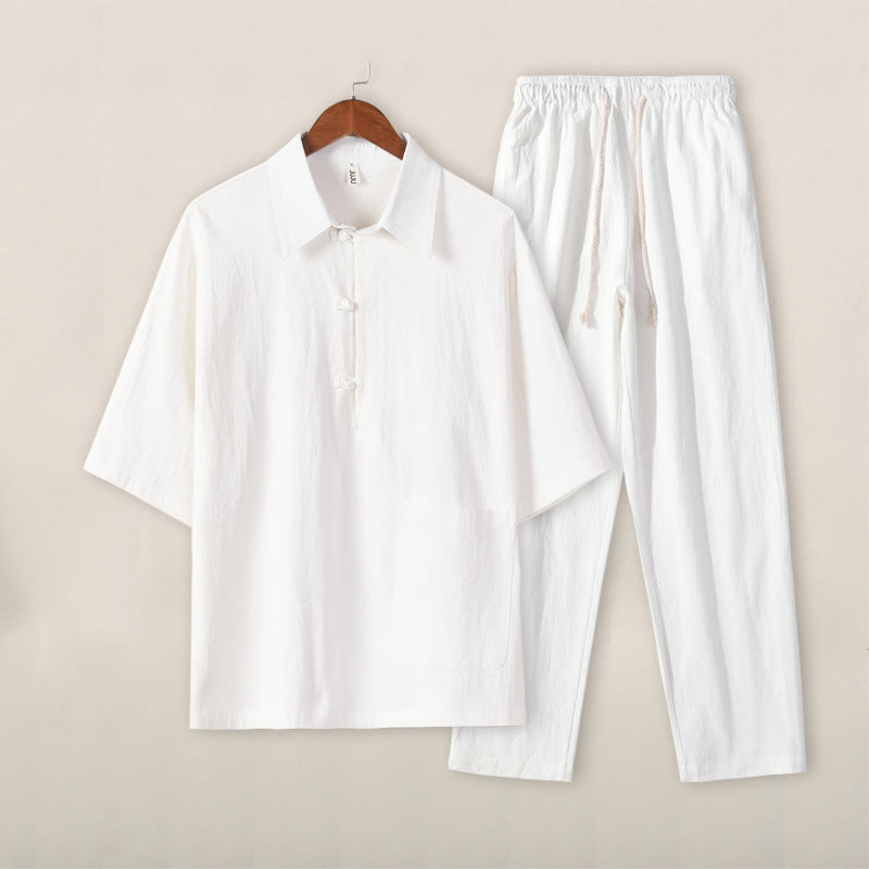 Buddha Stones Casual 2Pcs Pure Color Half Button Design Shirt Drawstring Pants Men's Cotton Linen Meditation Cloth Set With Pockets