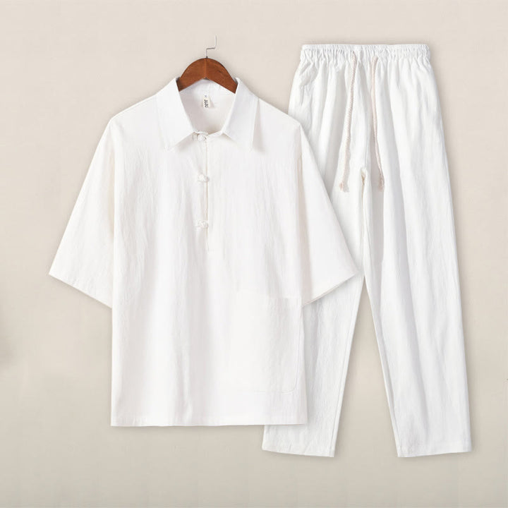 Buddha Stones Casual 2Pcs Pure Color Half Button Design Shirt Drawstring Pants Men's Cotton Linen Meditation Cloth Set With Pockets