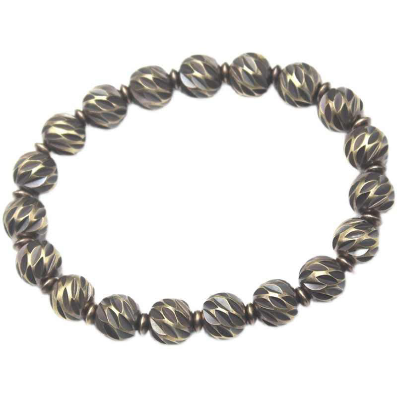Buddha Stones Vintage Distressed Knife Carving Pattern Copper Brass Beads Wealth Bracelet