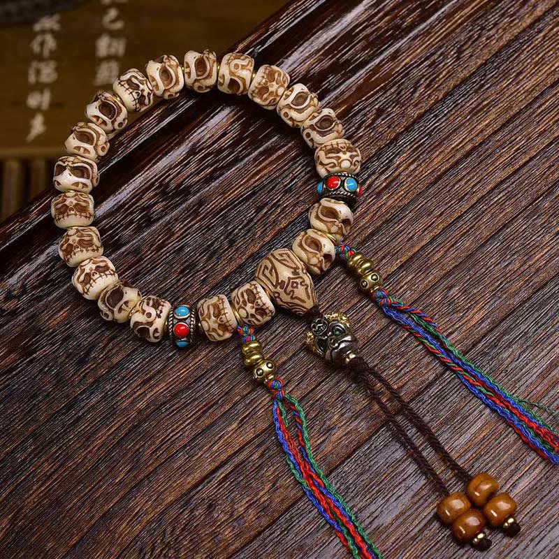 Buddha Stones Tibetan Camel Bone Garuda Carved Protection Tassel Bracelet