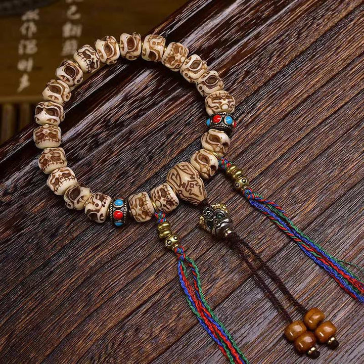 Buddha Stones Tibetan Camel Bone Garuda Carved Protection Tassel Bracelet