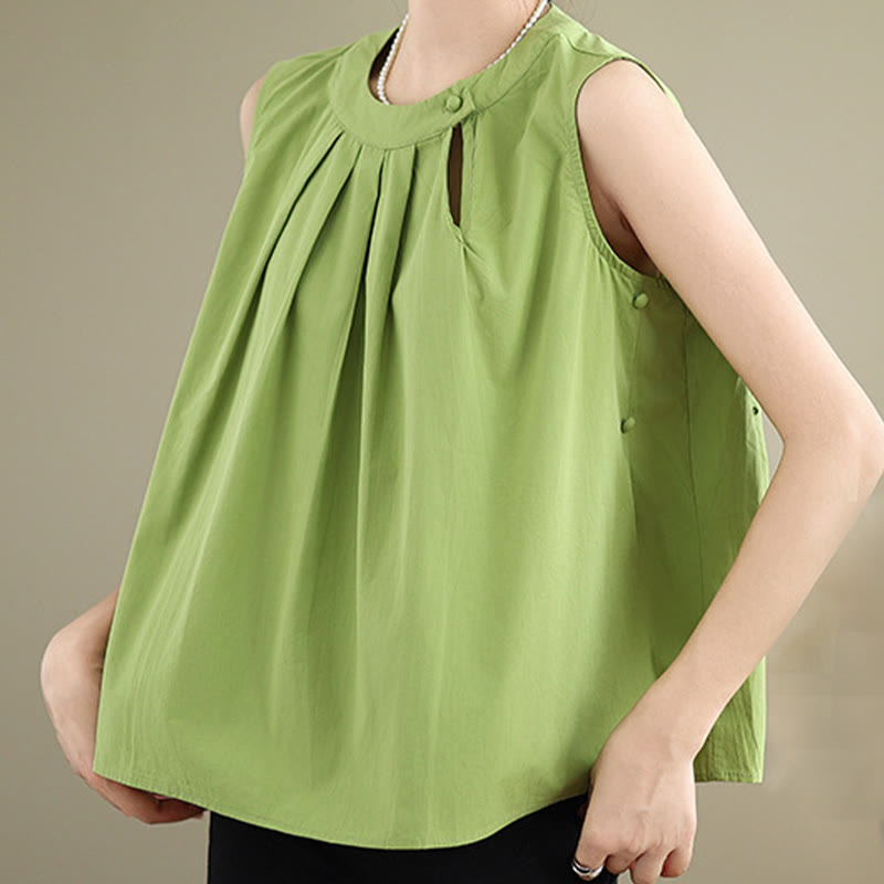 Buddha Stones Summer Solid Color Pleated Design Halter Neck Sleeveless Cotton Linen Women's Vest - image 23