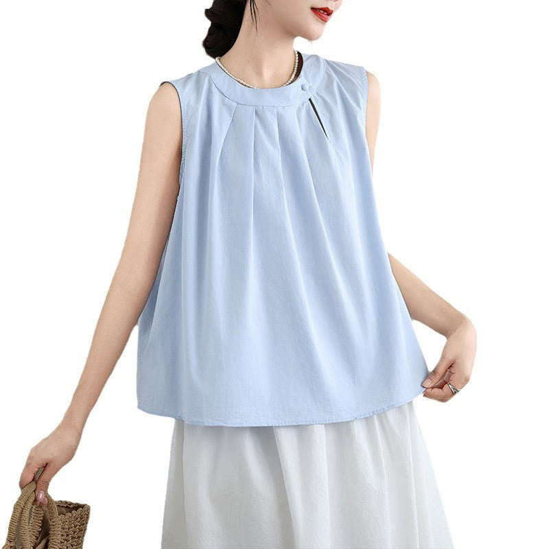 Buddha Stones Summer Solid Color Pleated Design Halter Neck Sleeveless Cotton Linen Women's Vest - image 11